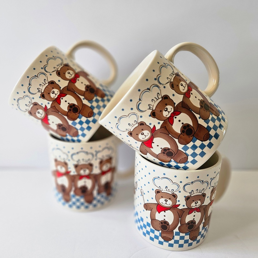 Vtg B&D Dancing Teddy Bear Chef Coffee Mug‎ - SET OF 4 - Cottagecore Grandmacore